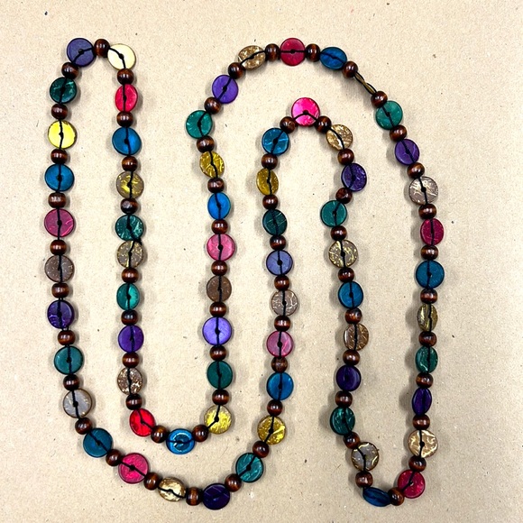 Wooden Beads Buttons Chain Necklace Multiple Bright Colors Hand Made NWOT - Picture 3 of 10